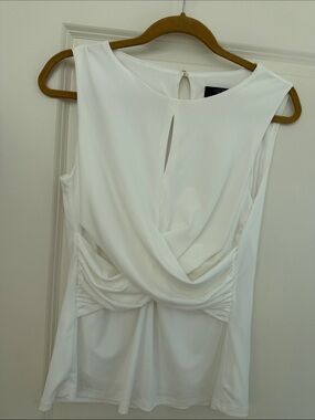 Tahari White Sleeveless Draped Front Tunic Top